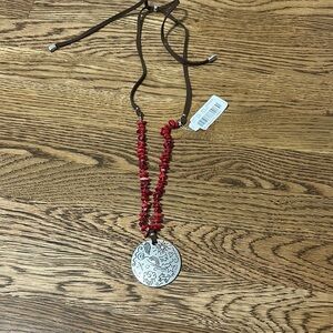 Red Beaded Necklace with Silver Pendant - long /adjustable